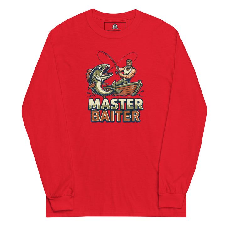 Master Baiter — a muscular fisherman in a boat reeling in a huge fish, with bold Master Baiter lettering, printed on a long sleeve shirt.