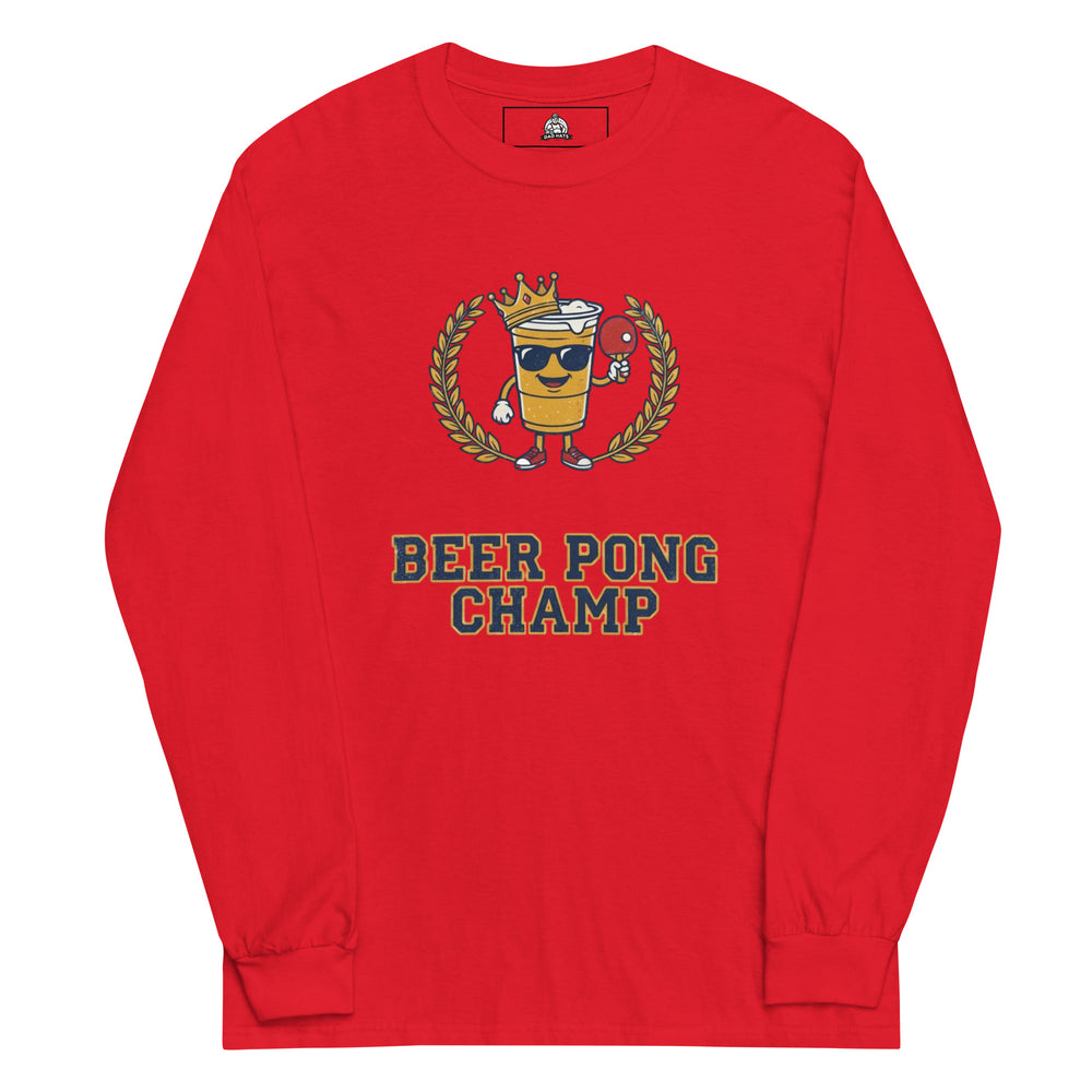Beer Pong Champ — a Beer Pong Champ design with cups and a ping pong ball, printed on a long sleeve shirt.