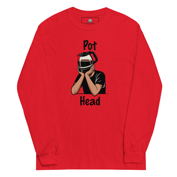 Pot Head — a person with a coffee pot for a head resting on their hands, captioned Pot Head, printed on a long sleeve shirt.