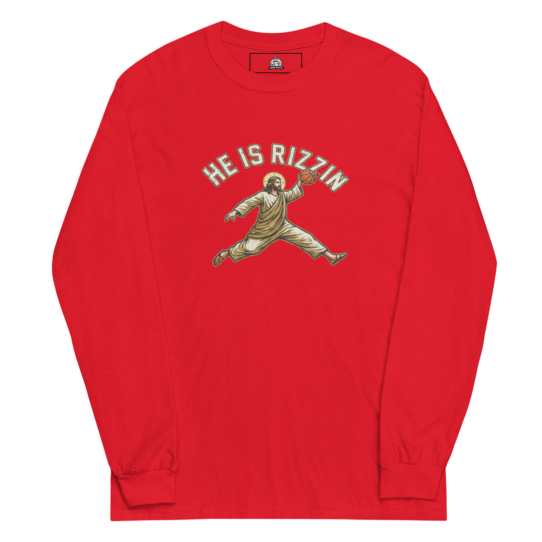 He Is Rizzin — Jesus doing a Jordan-style basketball dunk with a halo, captioned He Is Rizzin, printed on a long sleeve shirt.