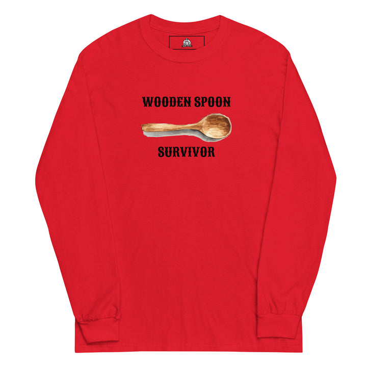 Wooden Spoon Survivor — a lone wooden spoon, captioned Wooden Spoon Survivor, printed on a long sleeve shirt.