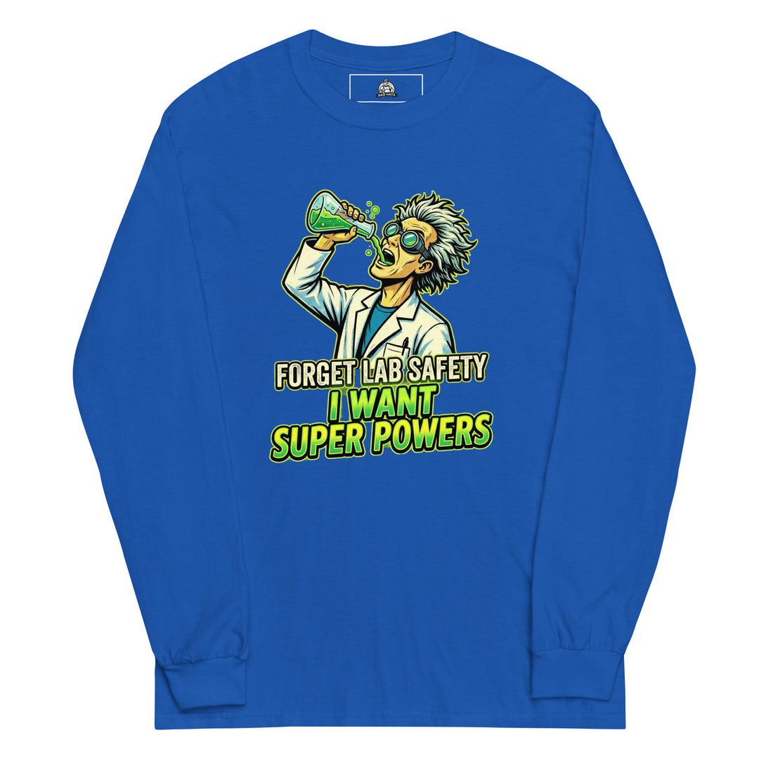 Forget Lab Safety I Want Super Powers funny science graphic tee — mad scientist in goggles drinking glowing green chemical from a flask