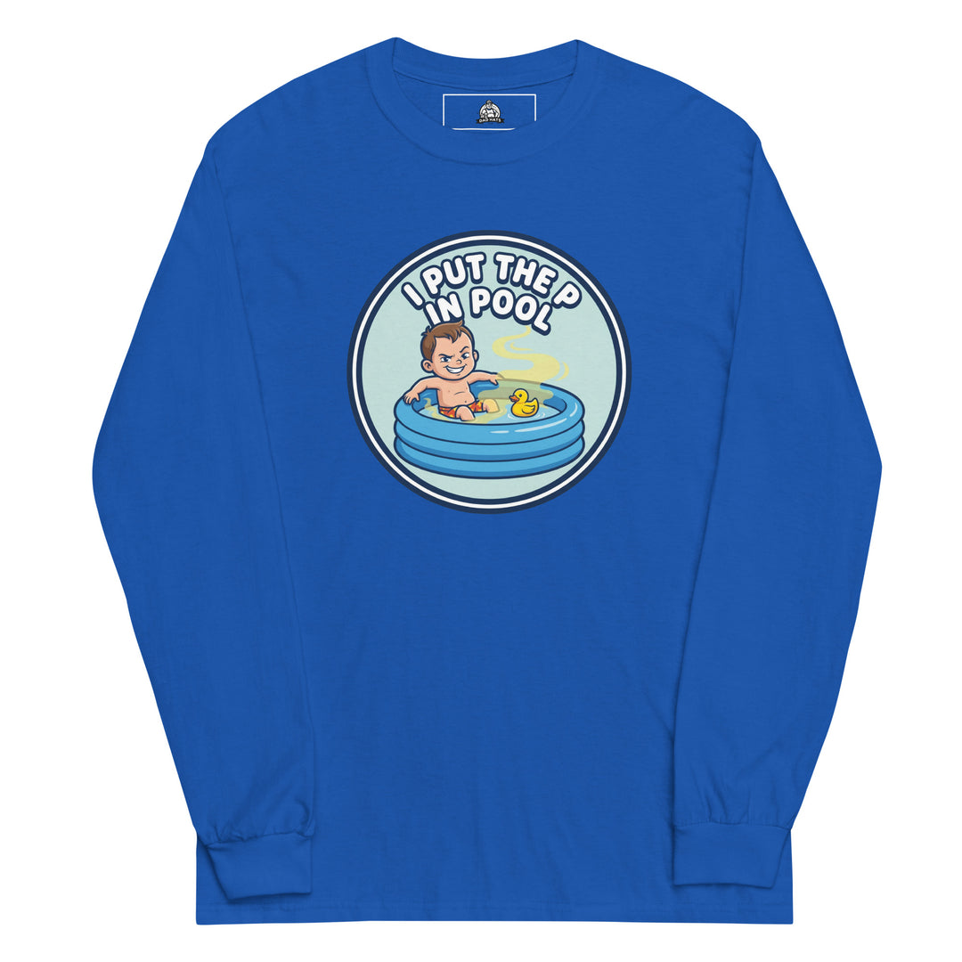 I Put The P In Pool funny summer graphic tee — smirking cartoon kid in inflatable kiddie pool with rubber duck and suspicious yellow swirl