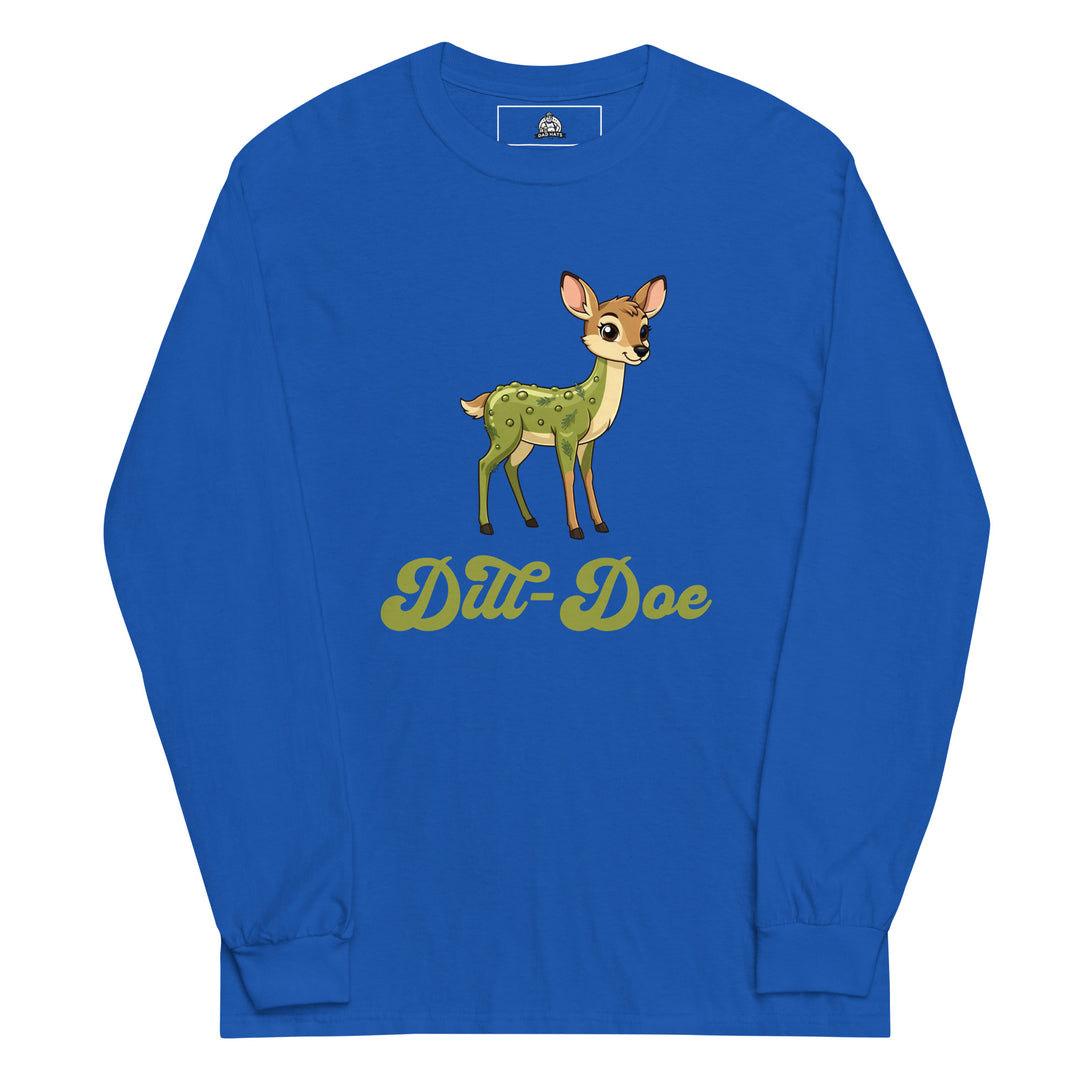 Dill-Doe — a cute cartoon deer covered in green pickle spots, captioned Dill-Doe, printed on a long sleeve shirt.