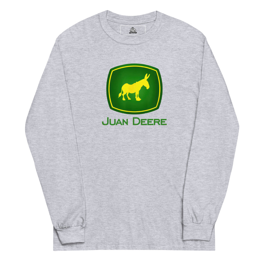 Juan Deere — a John Deere logo parody with a yellow donkey in place of the deer, reading Juan Deere, printed on a long sleeve shirt.