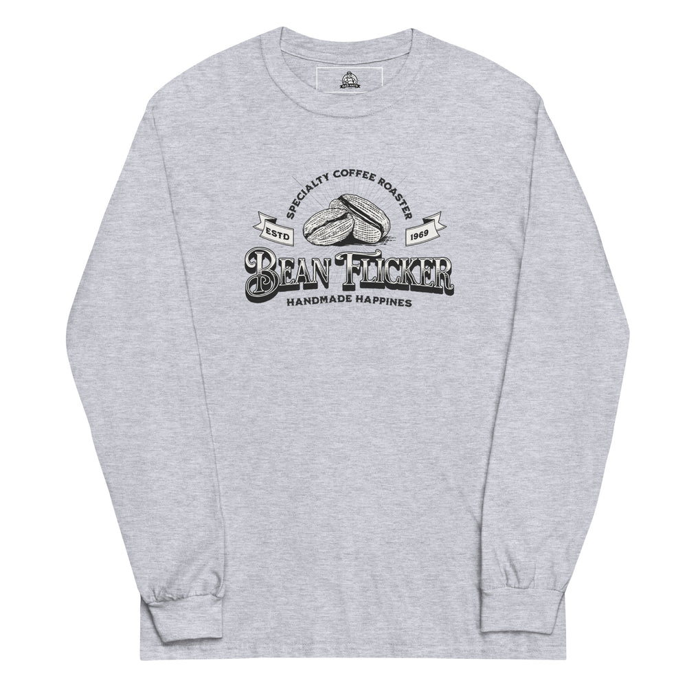Bean Flicker — a vintage Bean Flicker Specialty Coffee Roaster logo with coffee beans, reading Handmade Happiness Est 1969, printed on a long sleeve shirt.