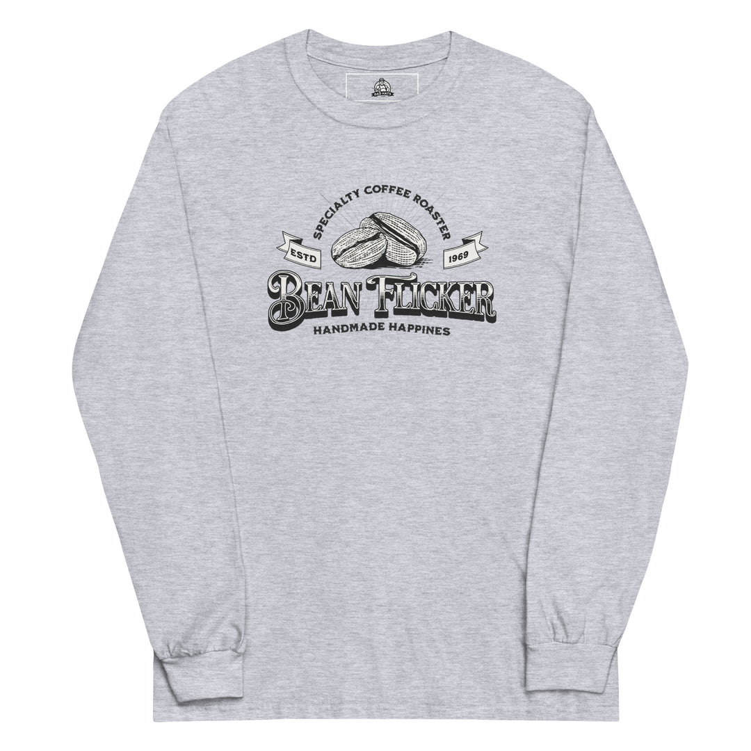 Bean Flicker — a vintage Bean Flicker Specialty Coffee Roaster logo with coffee beans, reading Handmade Happiness Est 1969, printed on a long sleeve shirt.