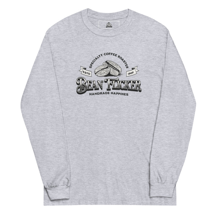 Bean Flicker — a vintage Bean Flicker Specialty Coffee Roaster logo with coffee beans, reading Handmade Happiness Est 1969, printed on a long sleeve shirt.