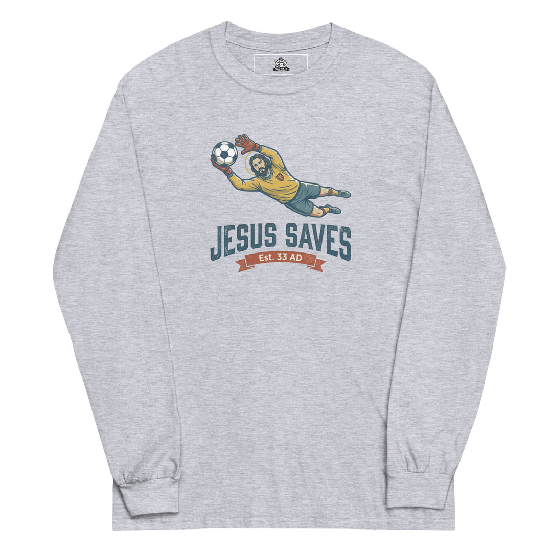 Jesus Saves — Jesus as a soccer goalkeeper diving to catch the ball with a halo, captioned Jesus Saves Est 33 AD, printed on a long sleeve shirt.