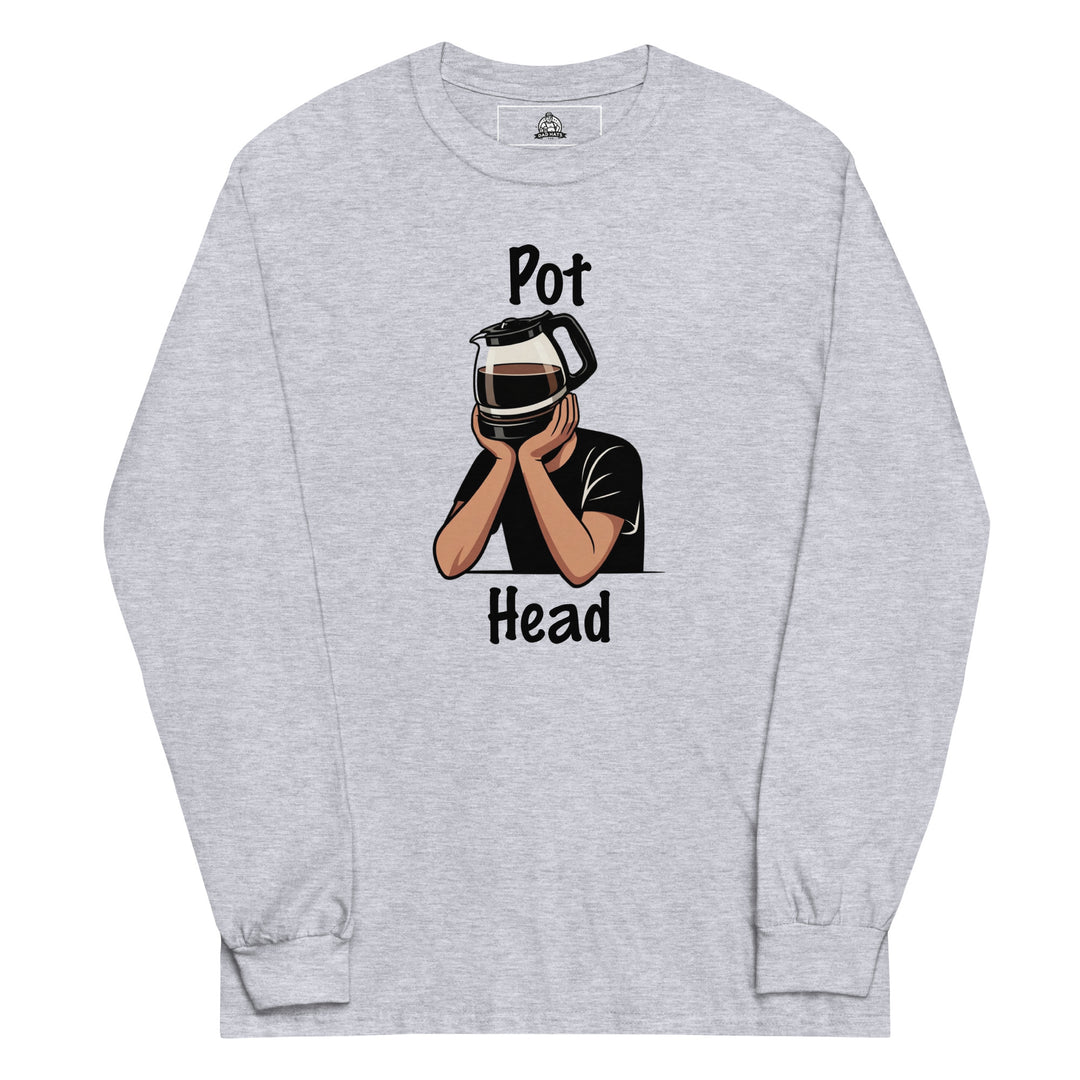 Pot Head — a person with a coffee pot for a head resting on their hands, captioned Pot Head, printed on a long sleeve shirt.