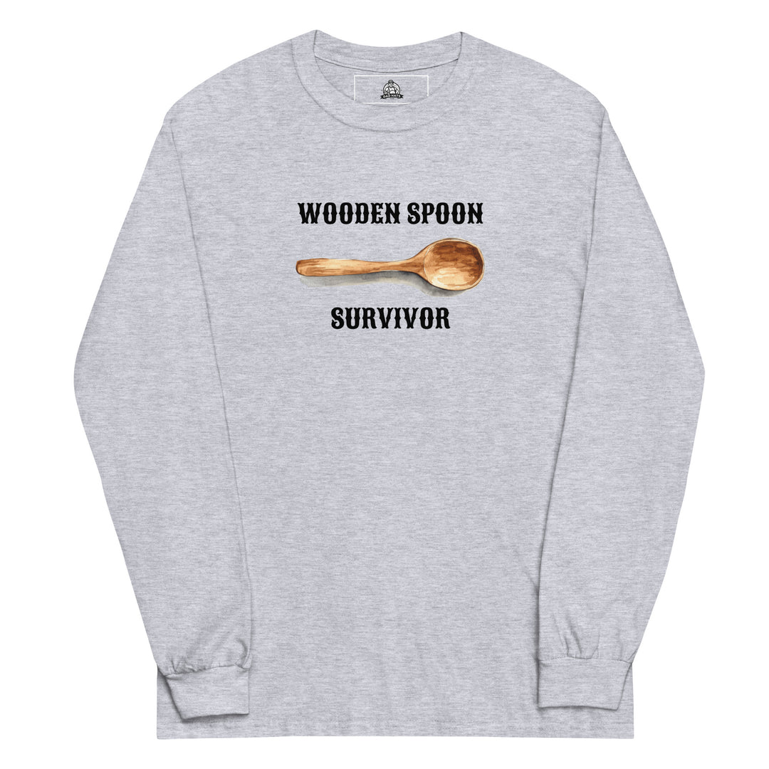 Wooden Spoon Survivor — a lone wooden spoon, captioned Wooden Spoon Survivor, printed on a long sleeve shirt.
