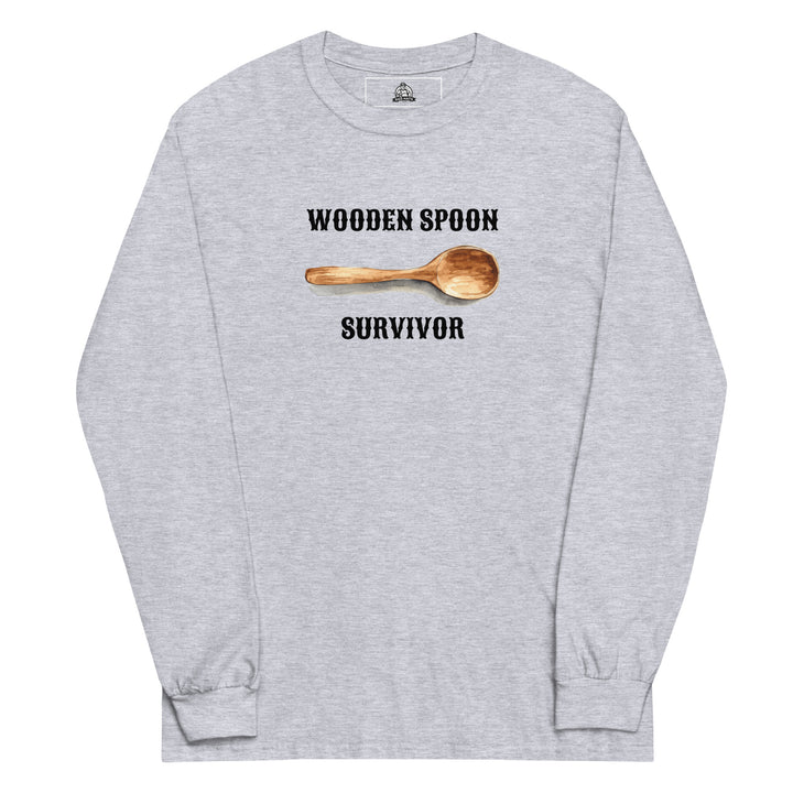 Wooden Spoon Survivor — a lone wooden spoon, captioned Wooden Spoon Survivor, printed on a long sleeve shirt.