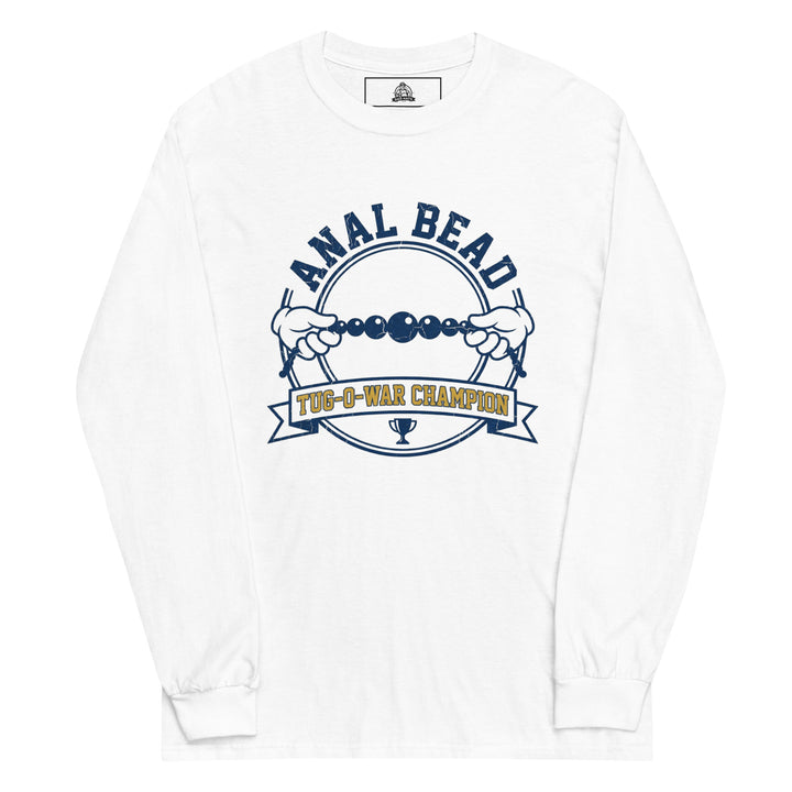 Anal Bead Tug Of War Champion funny adult humor graphic tee — collegiate varsity badge with two cartoon gloved hands pulling a bead string and trophy banner, navy and gold on white