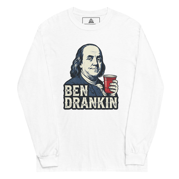 Ben Drankin funny 4th of July drinking graphic tee — Benjamin Franklin portrait holding a red Solo cup with bold BEN DRANKIN text on red tee