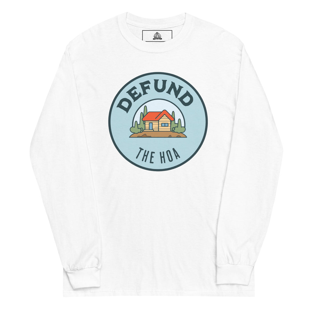 Defund The HOA funny suburban graphic tee — circular badge with cartoon house and trees and DEFUND THE HOA text