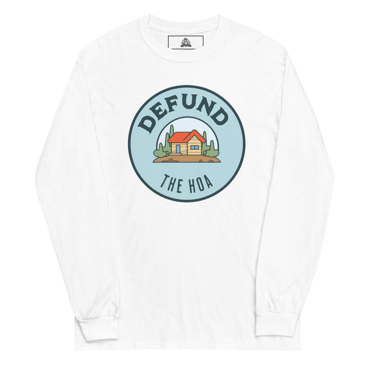 Defund The HOA funny suburban graphic tee — circular badge with cartoon house and trees and DEFUND THE HOA text