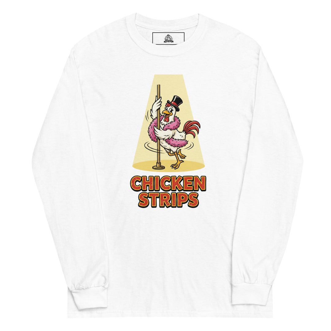 Chicken Strips funny pun graphic tee — cartoon chicken in top hat and pink feather boa pole dancing in a golden spotlight