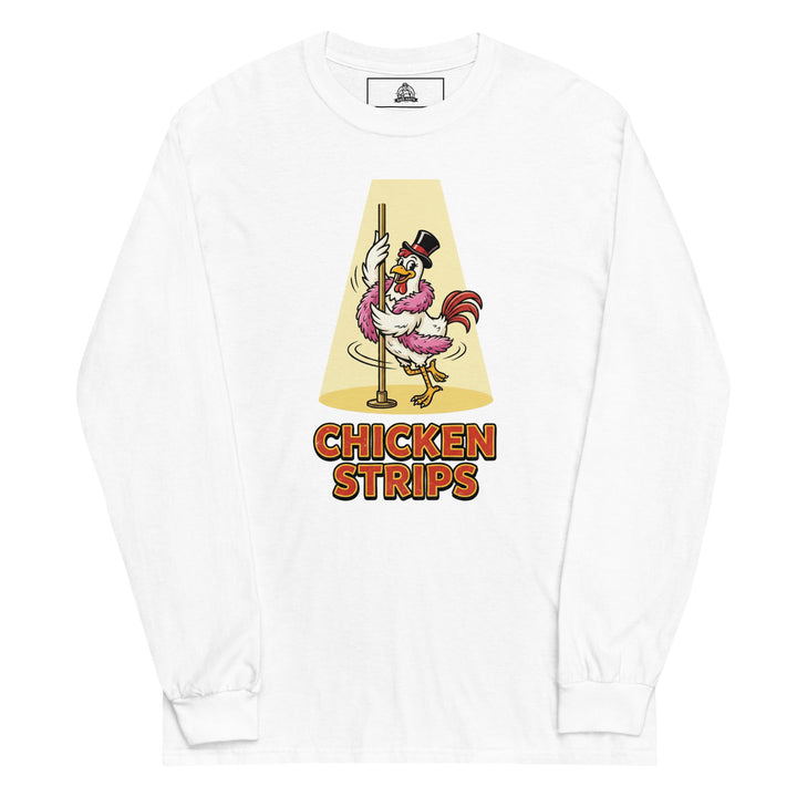 Chicken Strips funny pun graphic tee — cartoon chicken in top hat and pink feather boa pole dancing in a golden spotlight