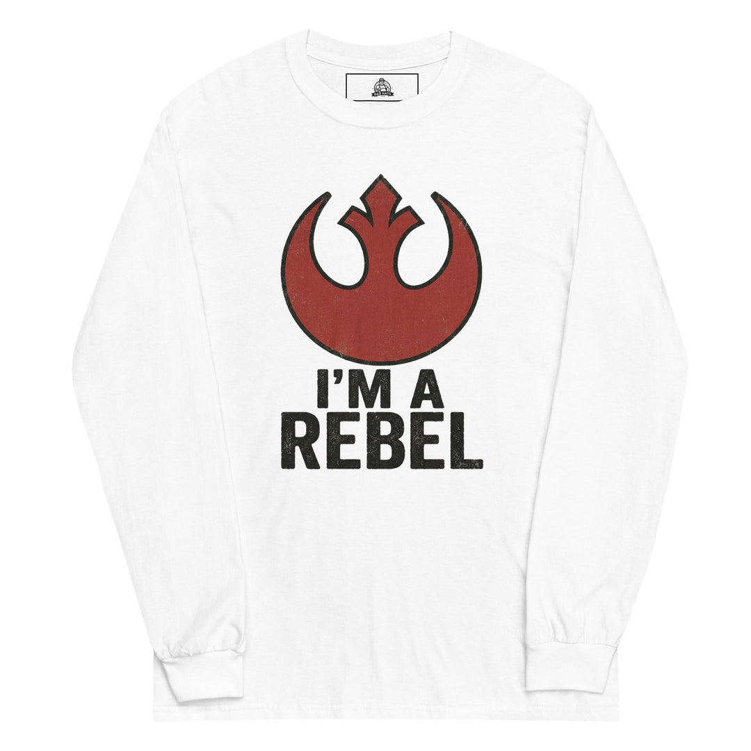 I'm A Rebel graphic tee — red rebel starbird insignia with bold I'M A REBEL text