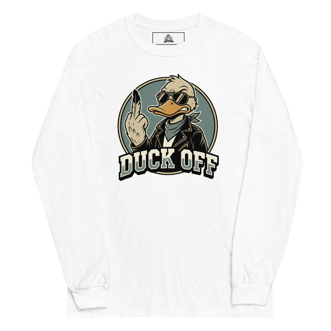 Duck Off funny pun graphic tee — duck in aviator sunglasses and leather jacket raising a middle feather