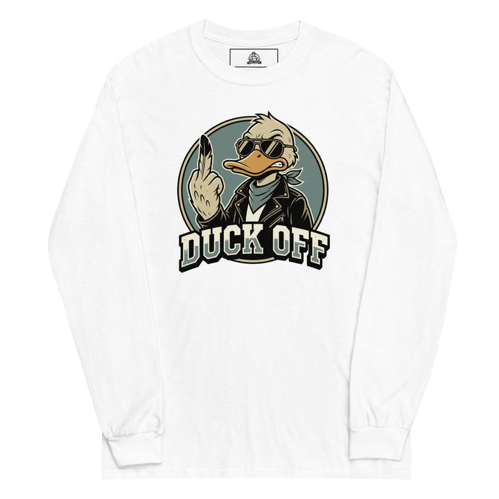 Duck Off funny pun graphic tee — duck in aviator sunglasses and leather jacket raising a middle feather