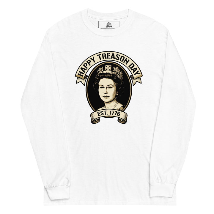 Happy Treason Day funny 4th of July graphic tee — Queen Elizabeth II portrait with HAPPY TREASON DAY banner and EST 1776