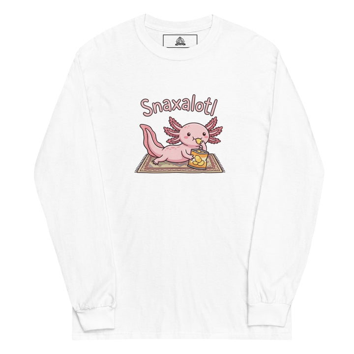 Snaxalotl — a pink axolotl eating a bag of chips on a rug, captioned Snaxalotl, printed on a long sleeve shirt.