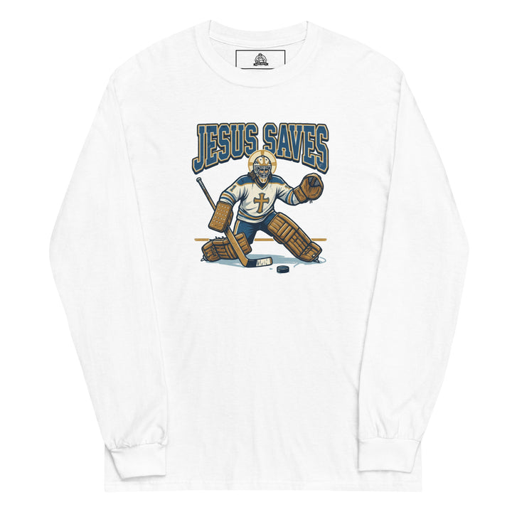 Jesus Saves — Jesus as a hockey goalie making a save, captioned Jesus Saves Est 33 AD, printed on a long sleeve shirt.