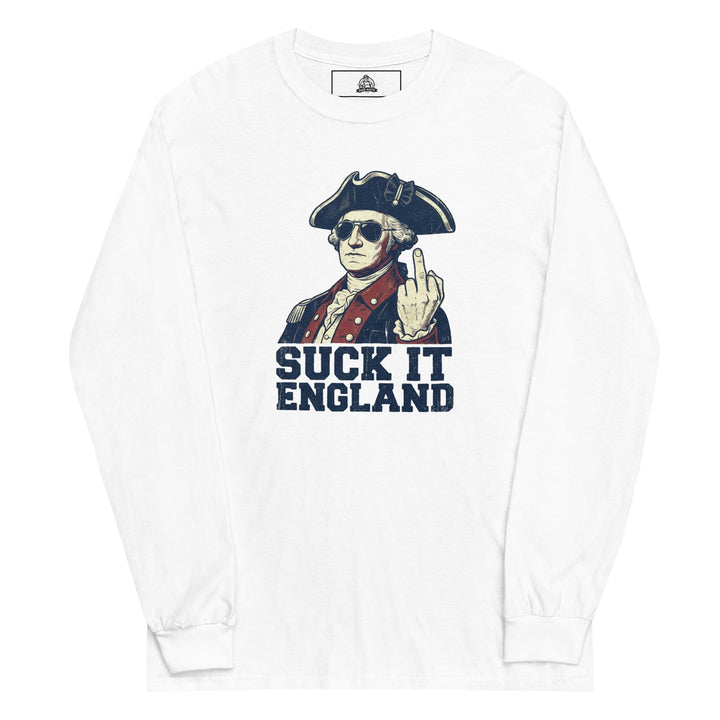 Suck It England — a Suck It England patriotic Independence Day design, printed on a long sleeve shirt.