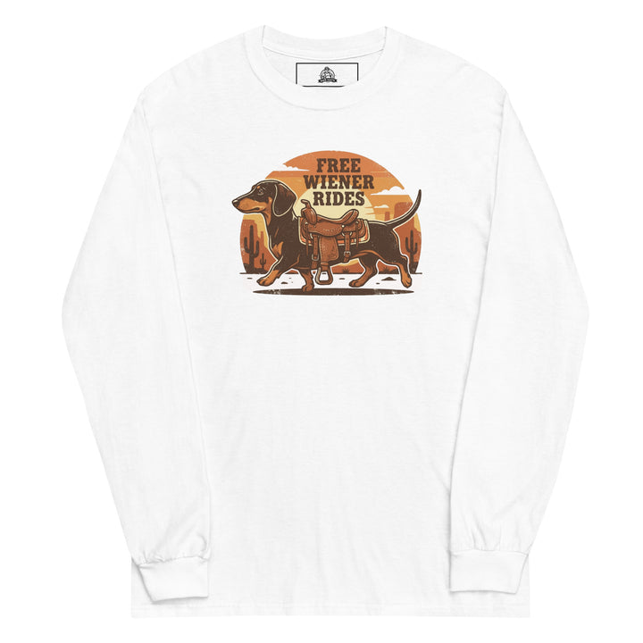 Free Wiener Rides — a dachshund wearing a western saddle in a desert sunset, captioned Free Wiener Rides, printed on a long sleeve shirt.