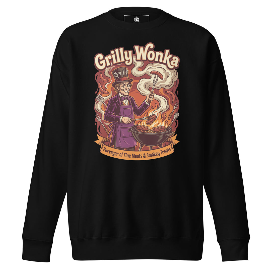 Grilly Wonka funny BBQ graphic tee — Willy Wonka-inspired character in purple top hat holding sausage over open flames, Purveyor of Fine Meats and Smokey Treats banner