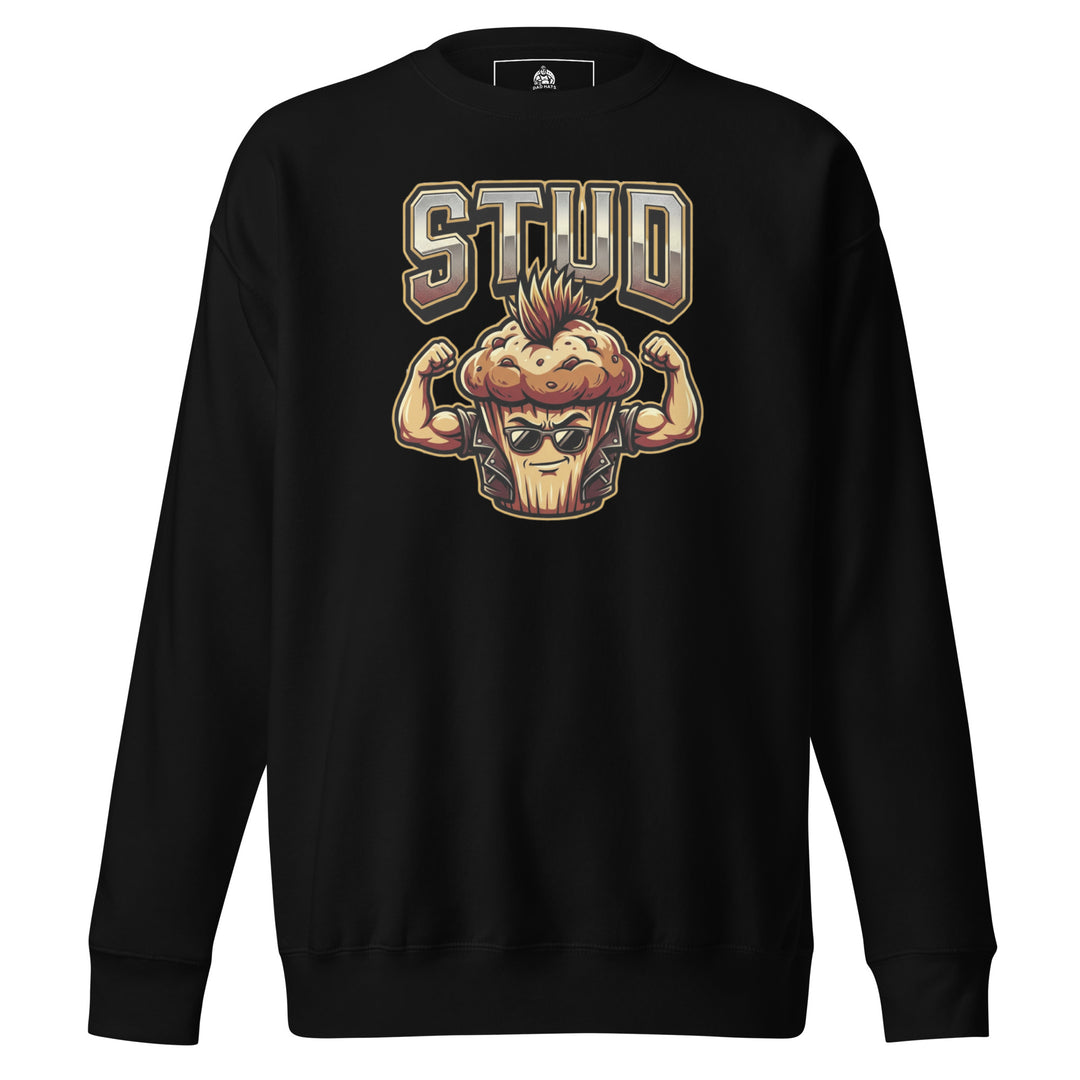 Stud Muffin funny graphic tee — muscular muffin character with mohawk, aviator sunglasses and flexing biceps under large STUD varsity text on white tee