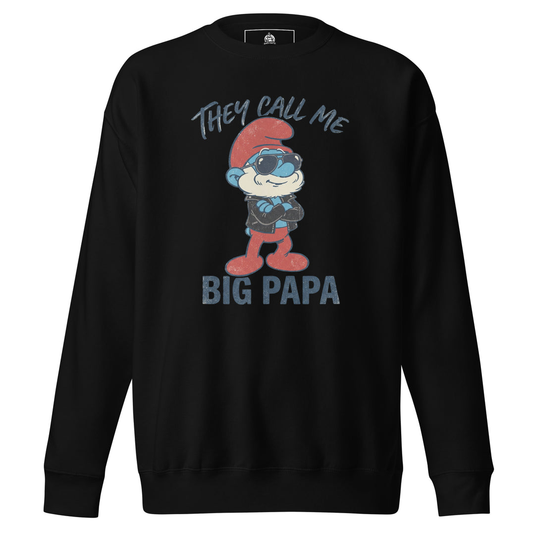 They Call Me Big Papa funny graphic tee — blue cartoon papa character in red hat, leather jacket and aviator sunglasses with BIG PAPA text