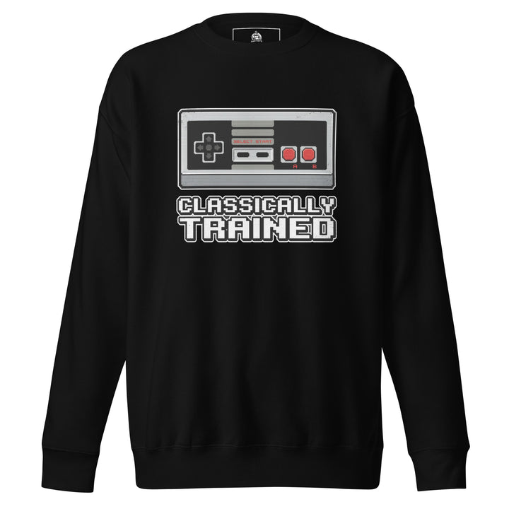 Classically Trained retro gamer graphic tee — 8-bit style NES controller with pixel CLASSICALLY TRAINED text