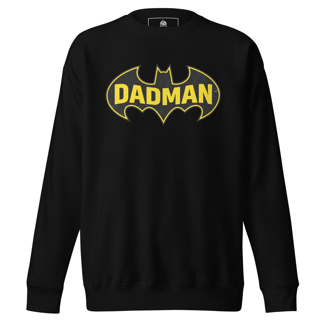 Dadman funny dad superhero graphic tee — yellow and black bat symbol parody with bold DADMAN text