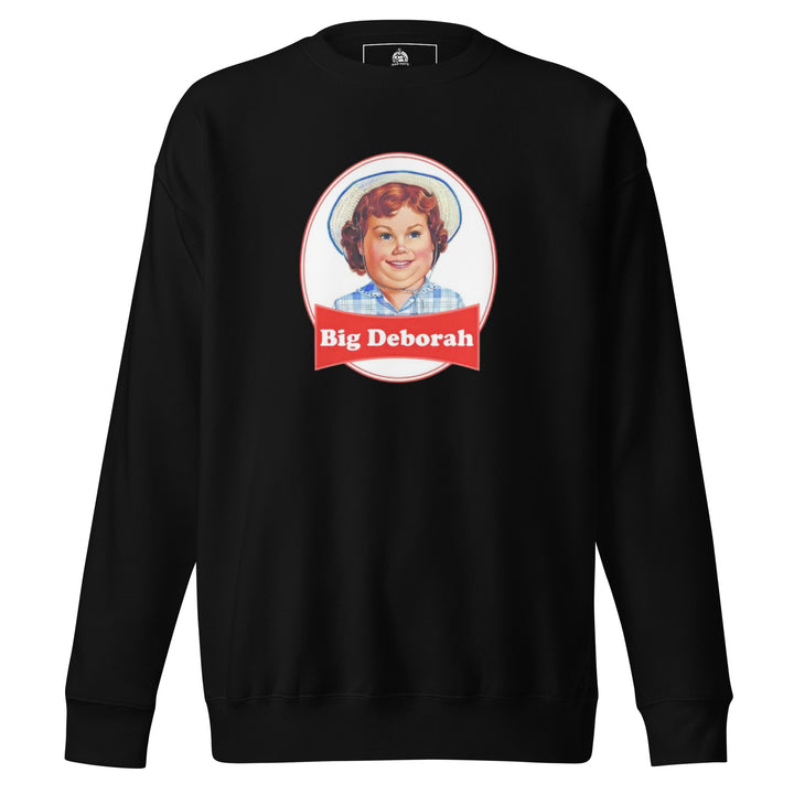 Big Deborah — a Little Debbie style snack-cake logo with a smiling girl in a straw hat, renamed Big Deborah, printed on a unisex sweatshirt.