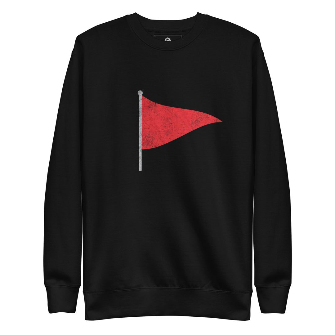 Red Flag — a single distressed red pennant flag on a pole, printed on a unisex sweatshirt.