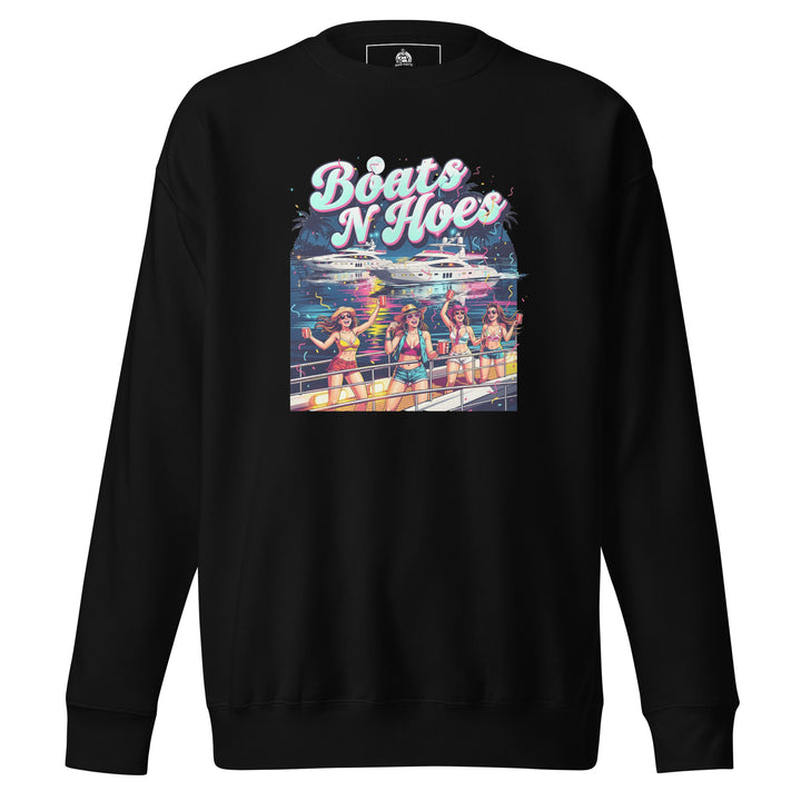 Boats N Hoes — a neon Miami-style yacht party with women in bikinis holding red cups, captioned Boats N Hoes, printed on a unisex sweatshirt.