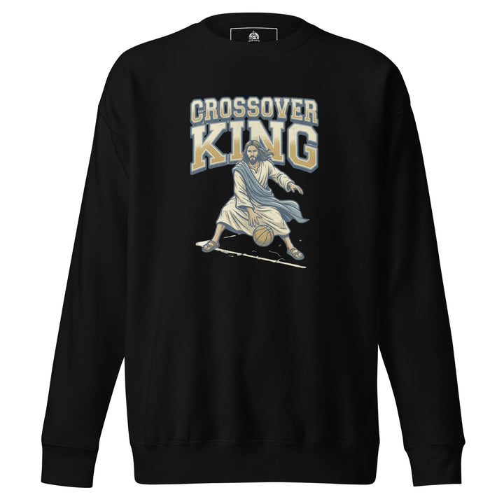 Jesus Crossover King — Jesus playing basketball as the Crossover King with a halo, printed on a unisex sweatshirt.