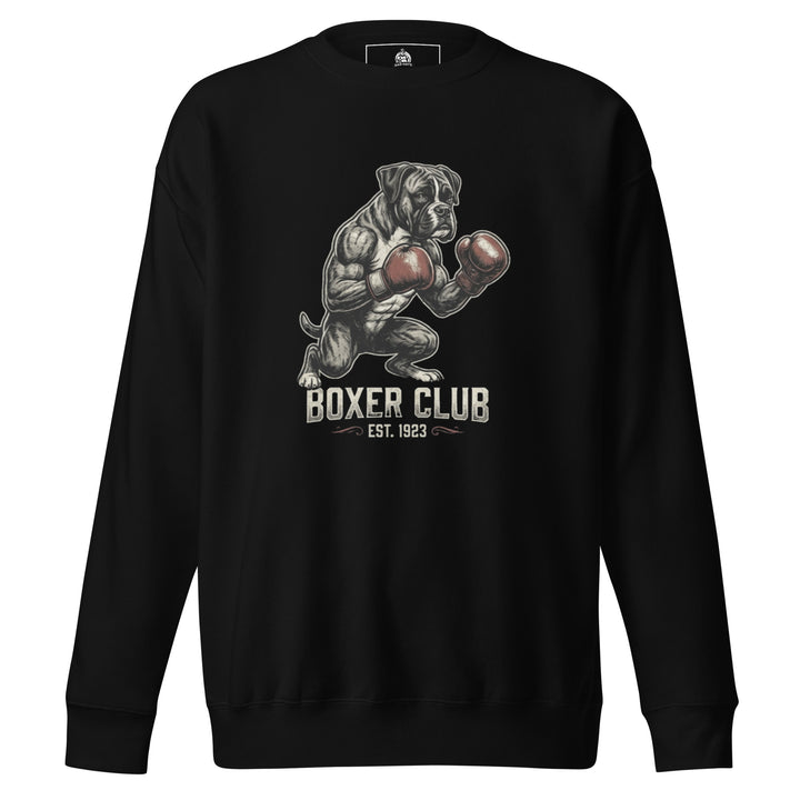 Boxer Club — a muscular boxer dog standing upright with red boxing gloves, reading Boxer Club Est 1923, printed on a unisex sweatshirt.