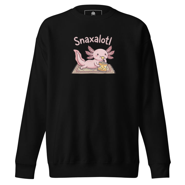 Snaxalotl — a pink axolotl eating a bag of chips on a rug, captioned Snaxalotl, printed on a unisex sweatshirt.
