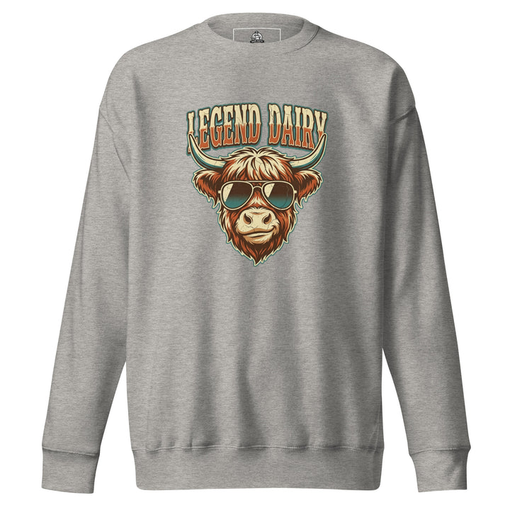 Legend Dairy — a Highland cow wearing sunglasses in a retro badge, captioned Legend Dairy, printed on a unisex sweatshirt.