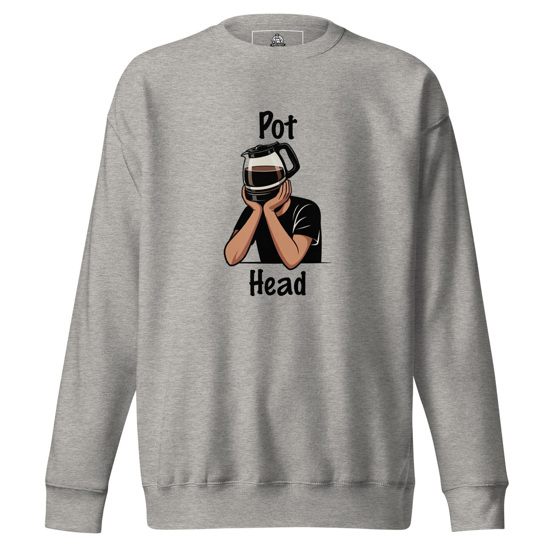 Pot Head — a person with a coffee pot for a head resting on their hands, captioned Pot Head, printed on a unisex sweatshirt.