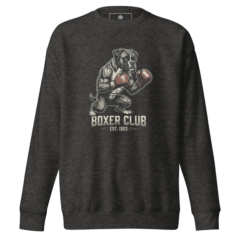 Boxer Club — a muscular boxer dog standing upright with red boxing gloves, reading Boxer Club Est 1923, printed on a unisex sweatshirt.