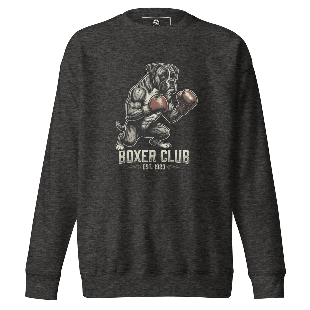 Boxer Club — a muscular boxer dog standing upright with red boxing gloves, reading Boxer Club Est 1923, printed on a unisex sweatshirt.