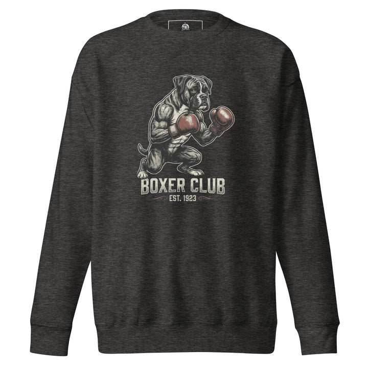 Boxer Club — a muscular boxer dog standing upright with red boxing gloves, reading Boxer Club Est 1923, printed on a unisex sweatshirt.