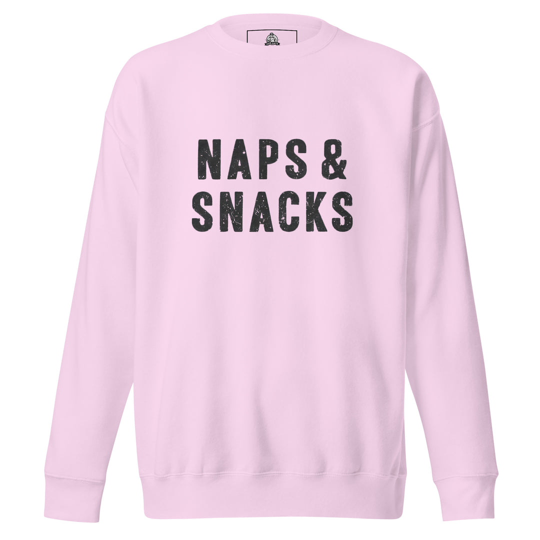 Naps & Snacks — a bold distressed design reading Naps & Snacks, printed on a unisex sweatshirt.