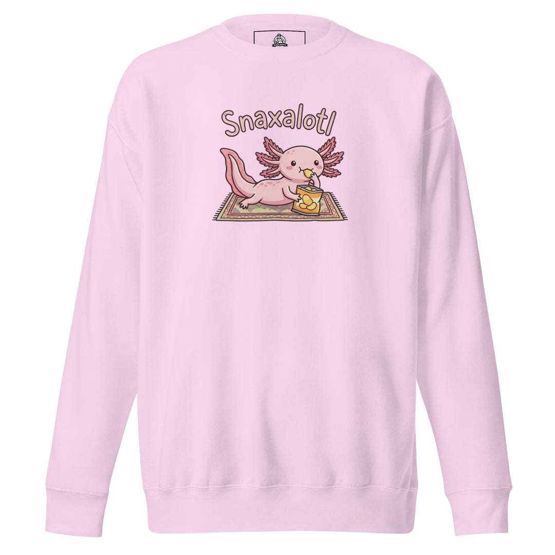 Snaxalotl — a pink axolotl eating a bag of chips on a rug, captioned Snaxalotl, printed on a unisex sweatshirt.