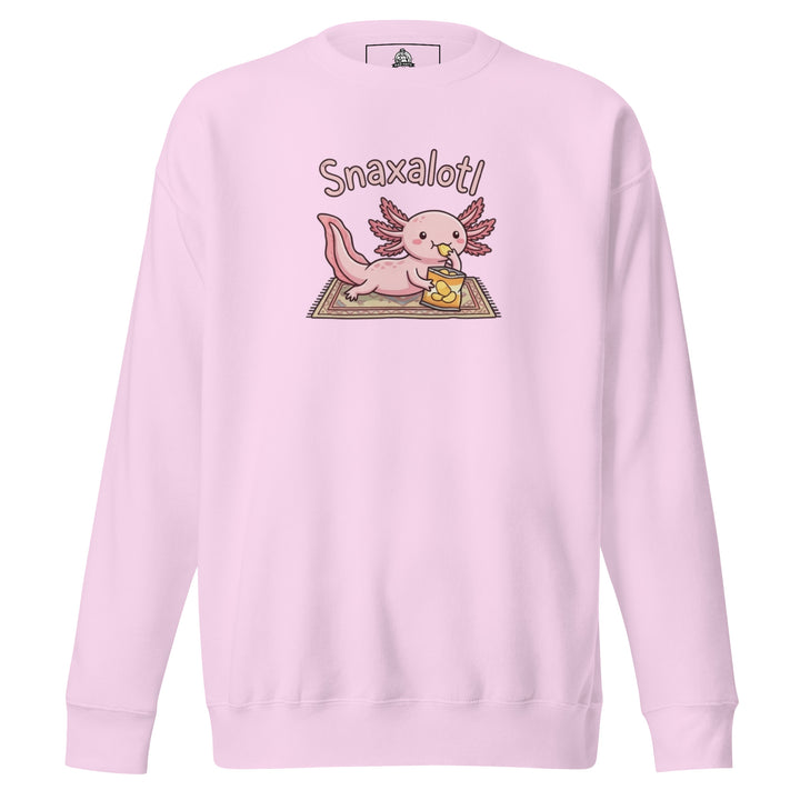 Snaxalotl — a pink axolotl eating a bag of chips on a rug, captioned Snaxalotl, printed on a unisex sweatshirt.