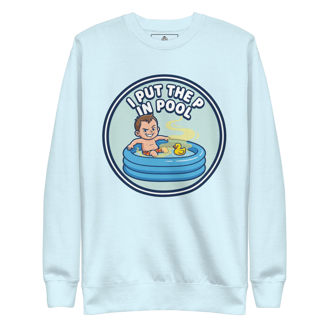 I Put The P In Pool funny summer graphic tee — smirking cartoon kid in inflatable kiddie pool with rubber duck and suspicious yellow swirl